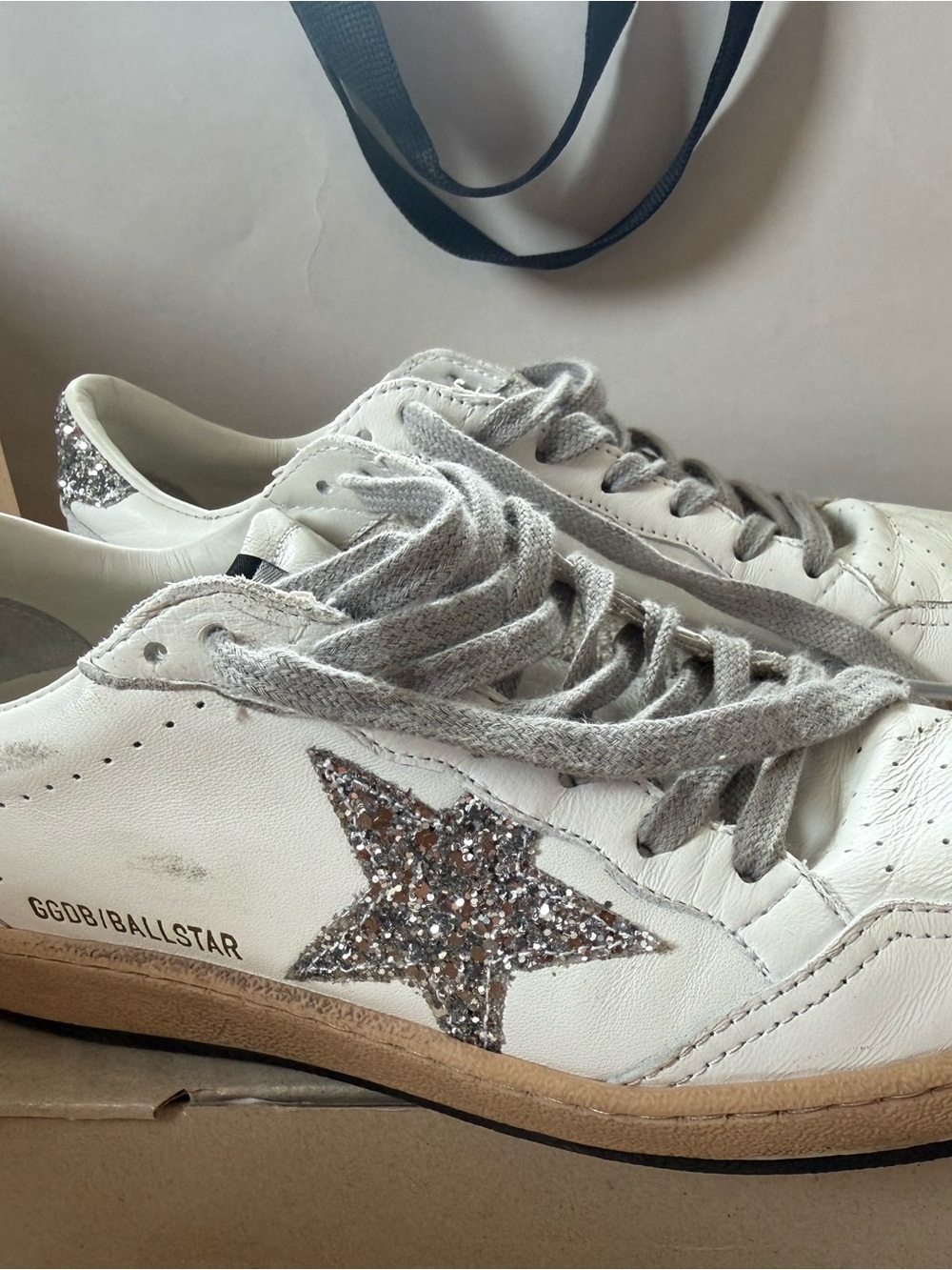 Golden Goose White Leather Sneakers with Silver Glitter Heel Accents - Picture 5 of 6
